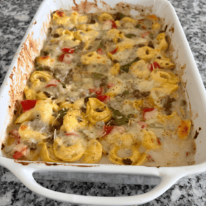 Photo of baked philly cheesesteak tortellini bake