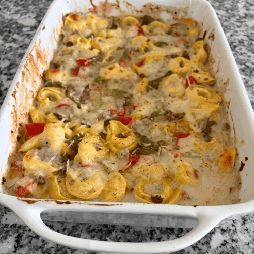 Ground Beef Philly Cheesesteak Tortellini Bake
