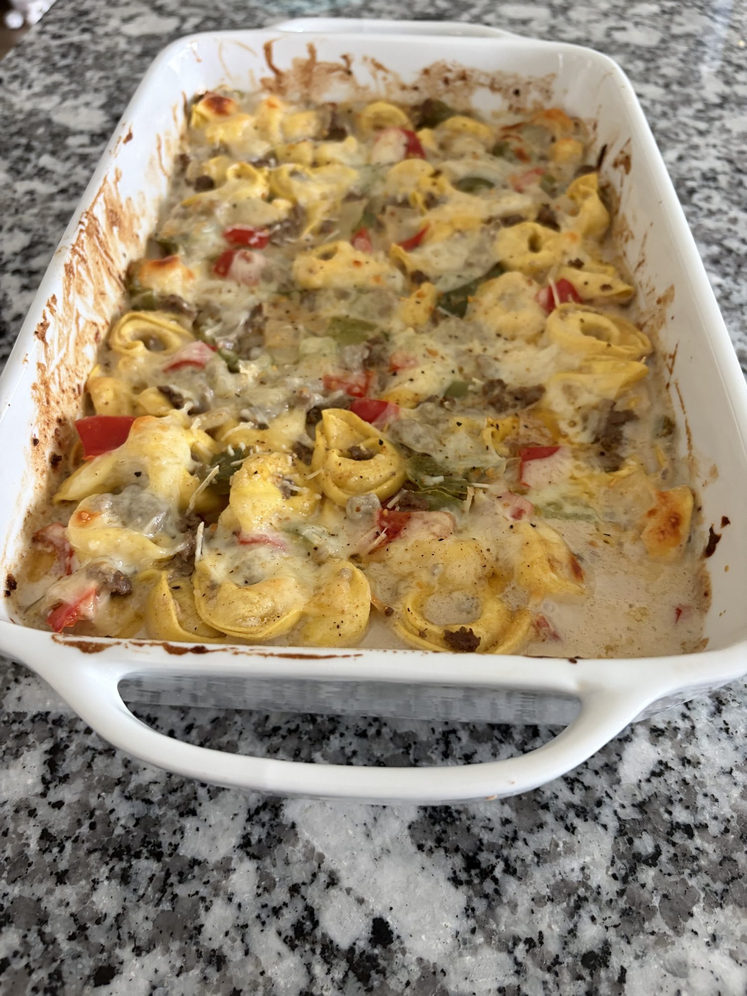 Ground Beef Philly Cheesesteak Tortellini Bake