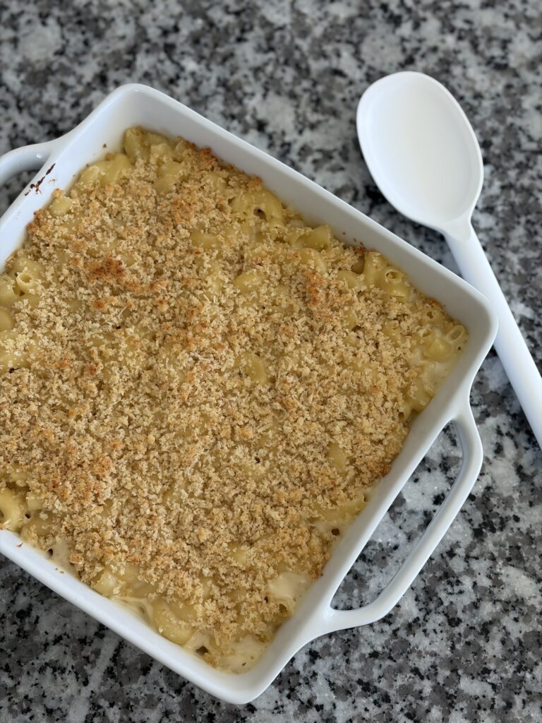 Baked mac and cheese with a golden crumb topping